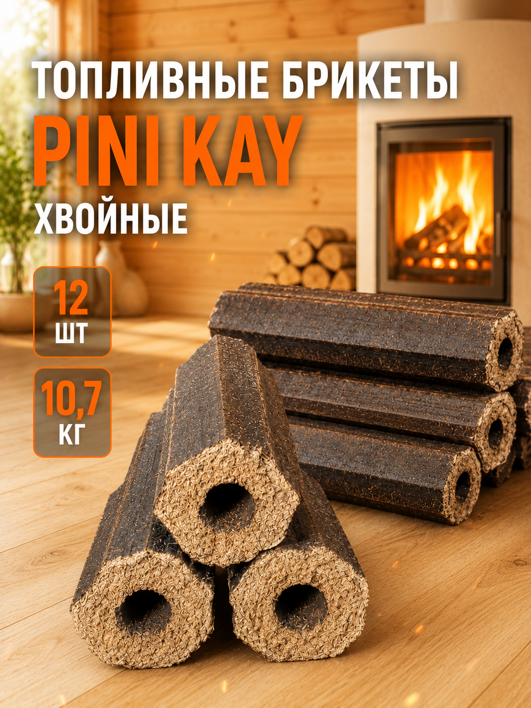 Топливные брикеты Pini Kay хвойные для печи и камина, 10,7 кг, 12 шт.