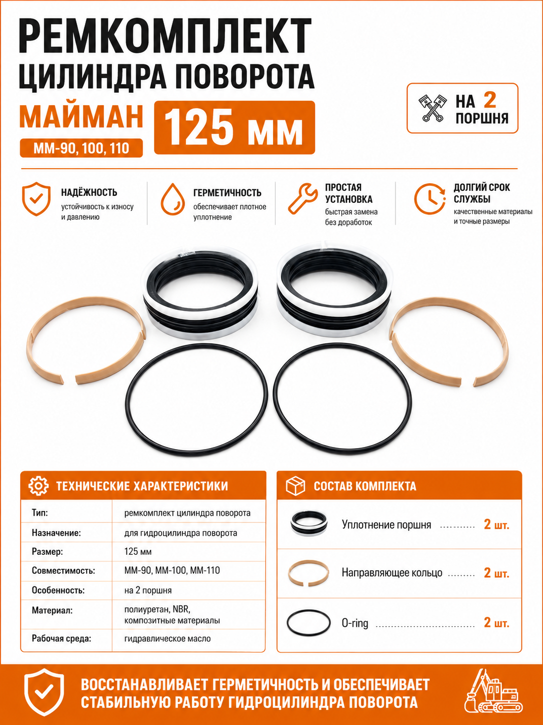 Ремкомплект цилиндра поворота Майман 125 мм / На 2 поршня ММ-90, 100, 110