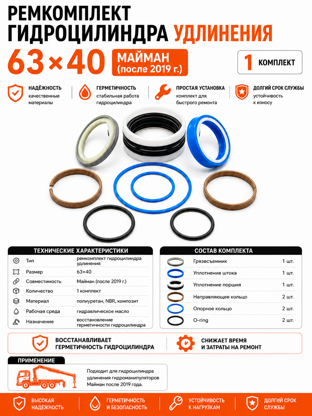 Ремкомплект гидроцилиндра удлинения Майман 63х40 (после 2019 г.)