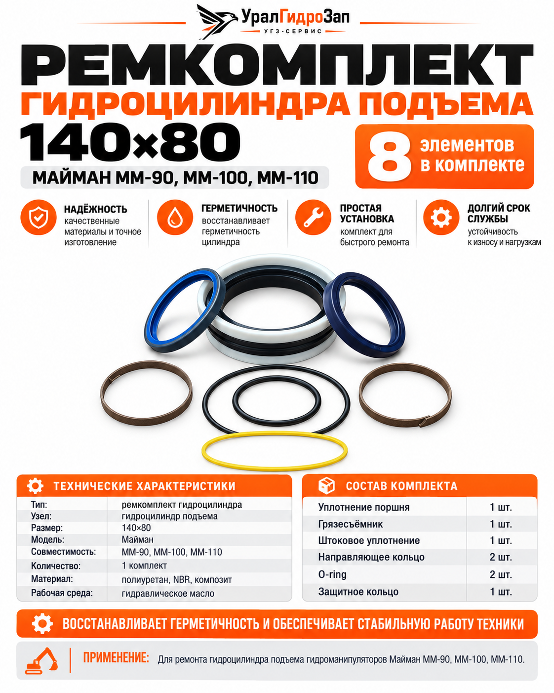 Ремкомплект гидроцилиндра подъема Майман (140х80) ММ-90, 100, 110